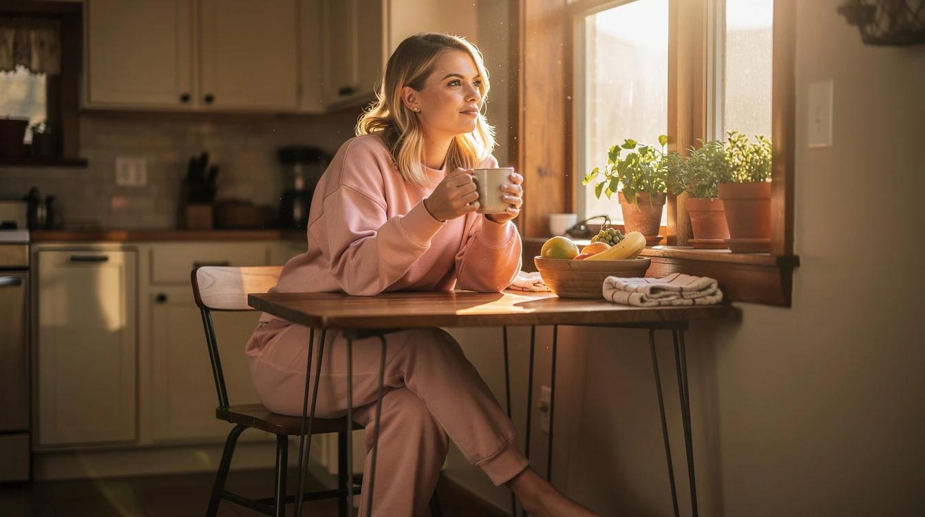 Young woman in cozy kitchen with soft morning light, looking thoughtful while holding coffee