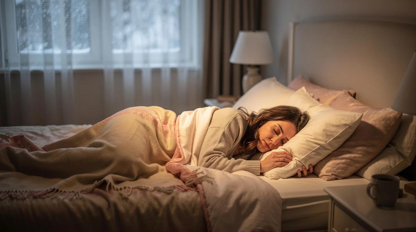 Woman in her late thirties sleeping peacefully in a cozy winter bedroom with soft morning light