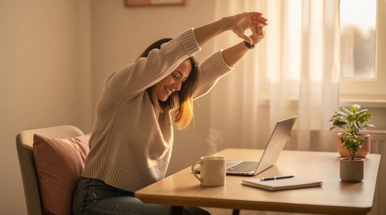 Woman in her forties stretching tiredly at her desk in soft morning light