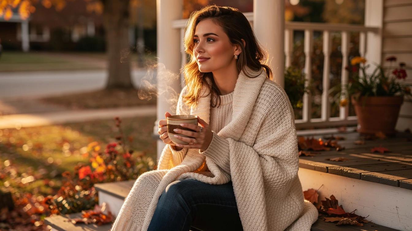 Young woman wrapped in a cozy blanket on a porch with autumn leaves and warm coffee