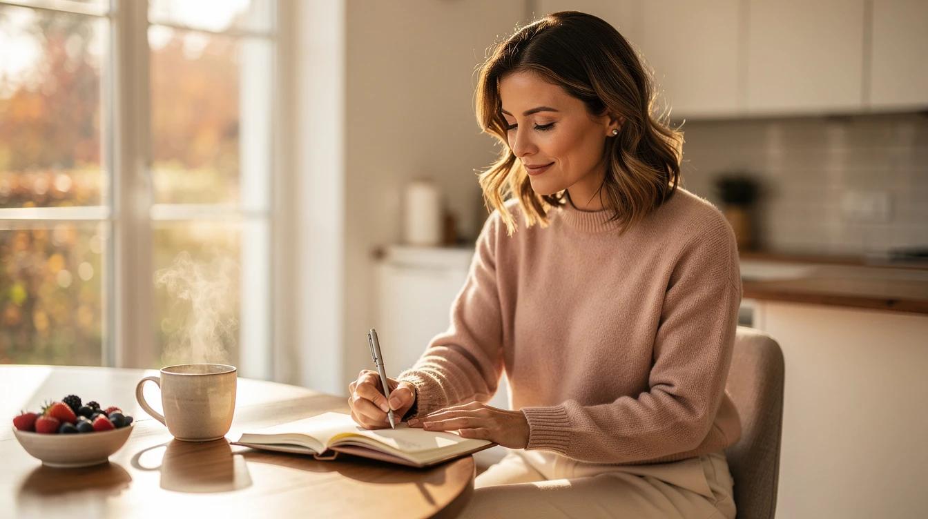 Confident woman journaling at a sunlit kitchen table with tea and fresh fruit during a fall morning routine