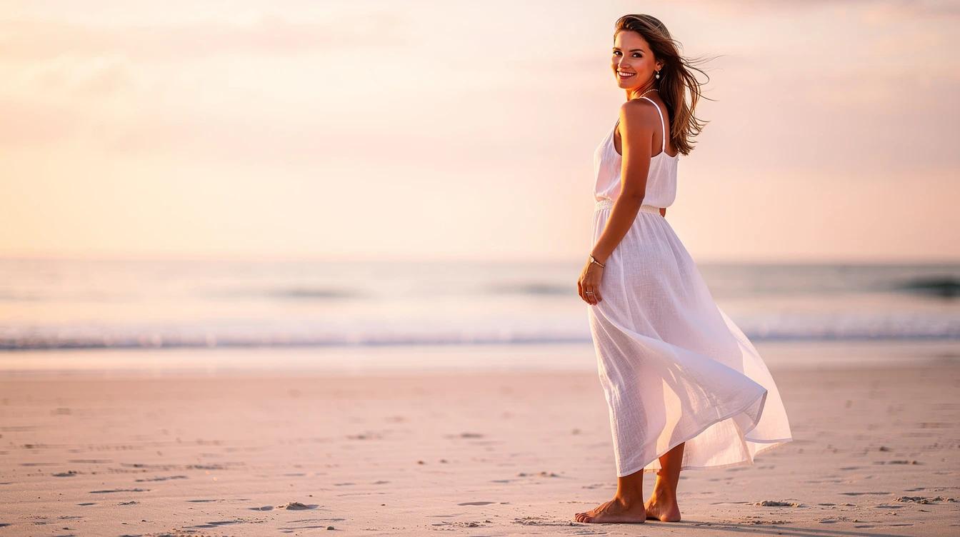 Confident woman in summer attire standing on a beach at golden hour