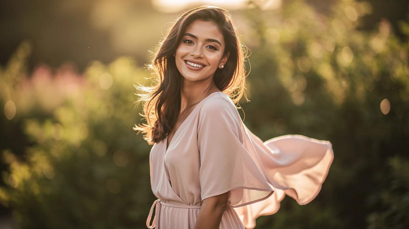 Confident woman in summer dress smiling outdoors in warm sunlight