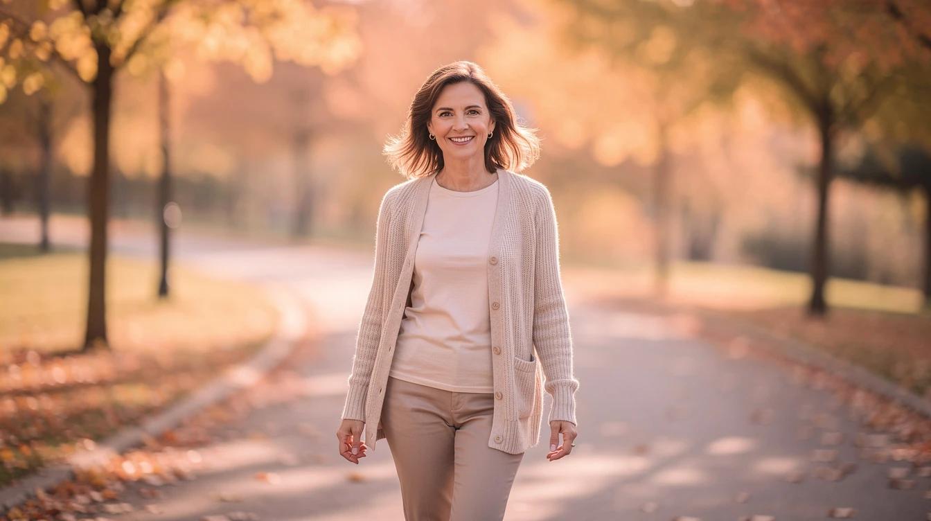 Confident woman in early autumn walking outdoors with a light jacket