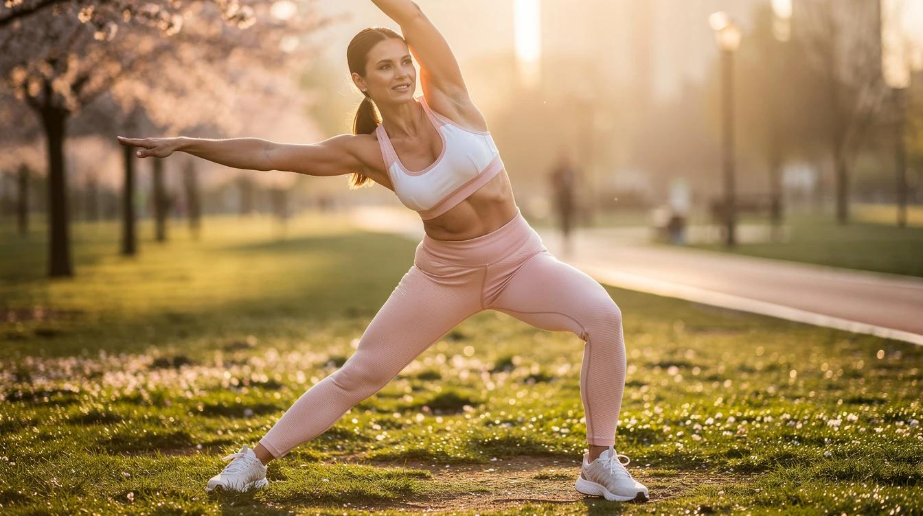 Woman stretching outdoors in spring morning sunlight