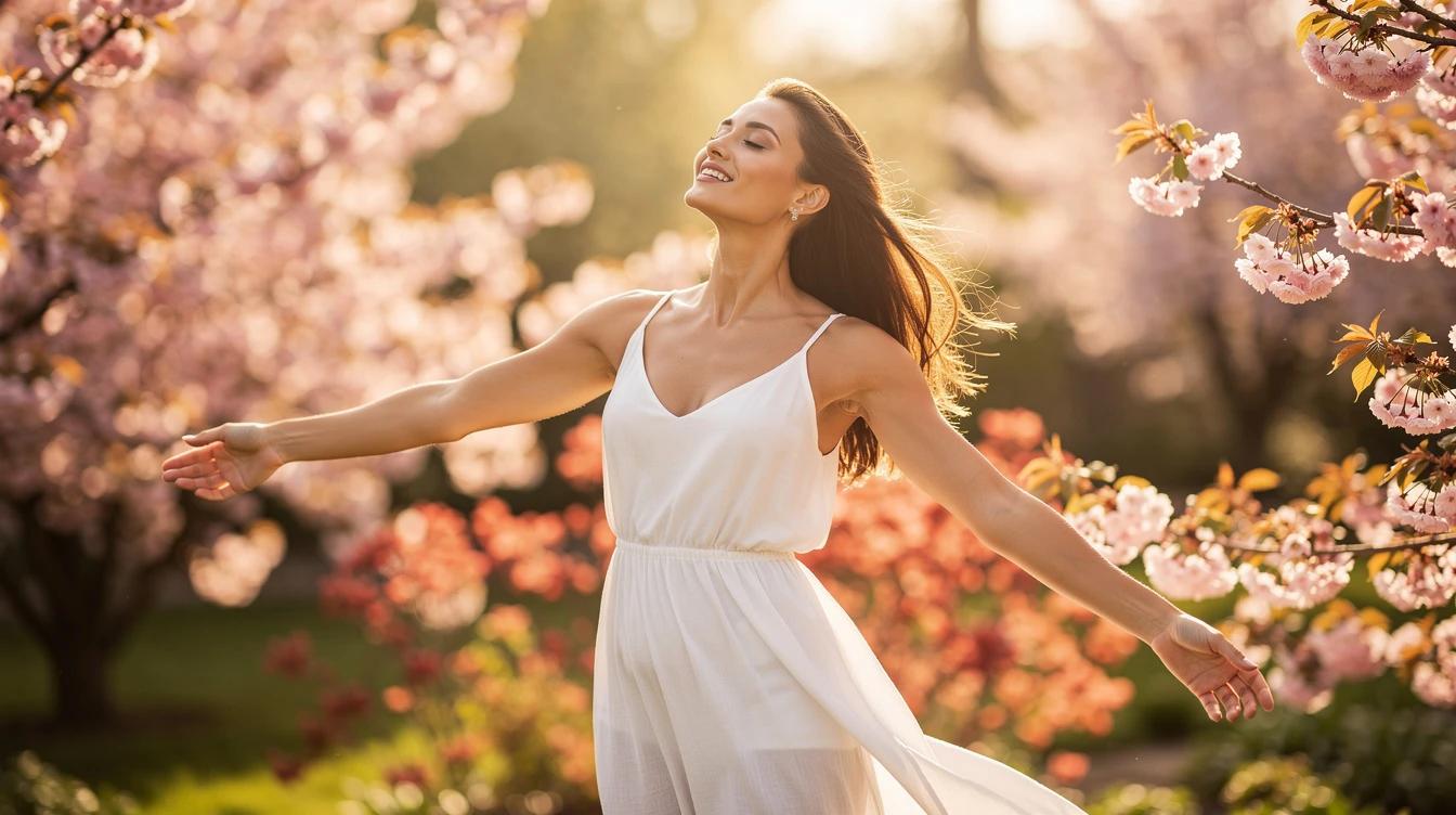Woman enjoying spring outdoors with radiant skin and energy