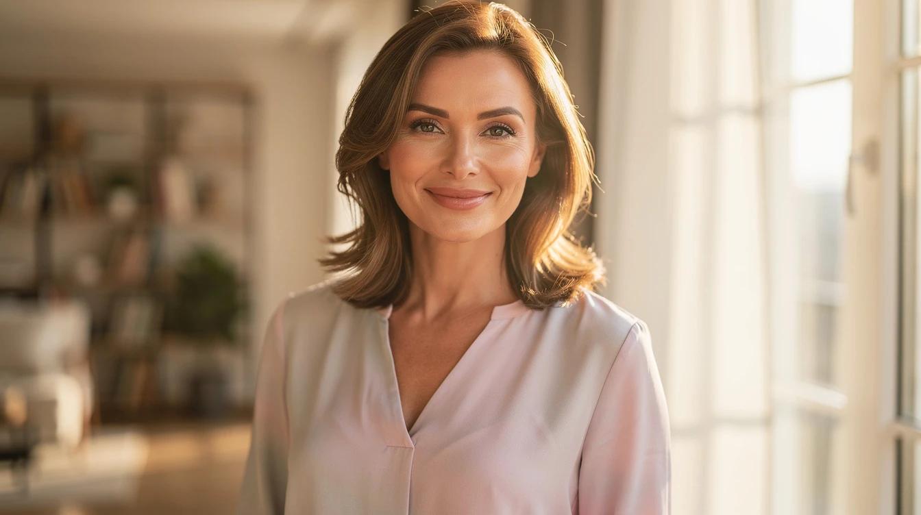 Confident woman in her 40s with glowing skin looking radiant in soft natural light