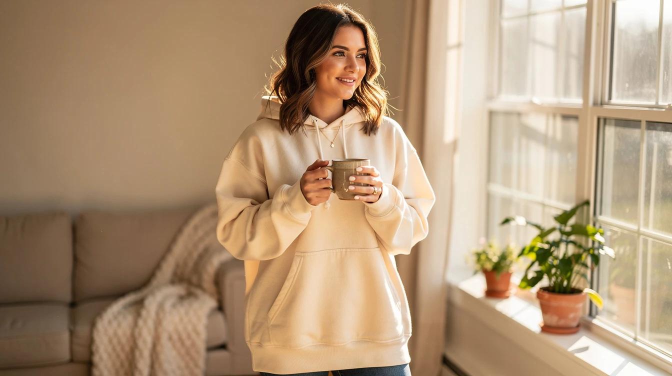 Young woman in a cozy hoodie holding coffee by a bright window