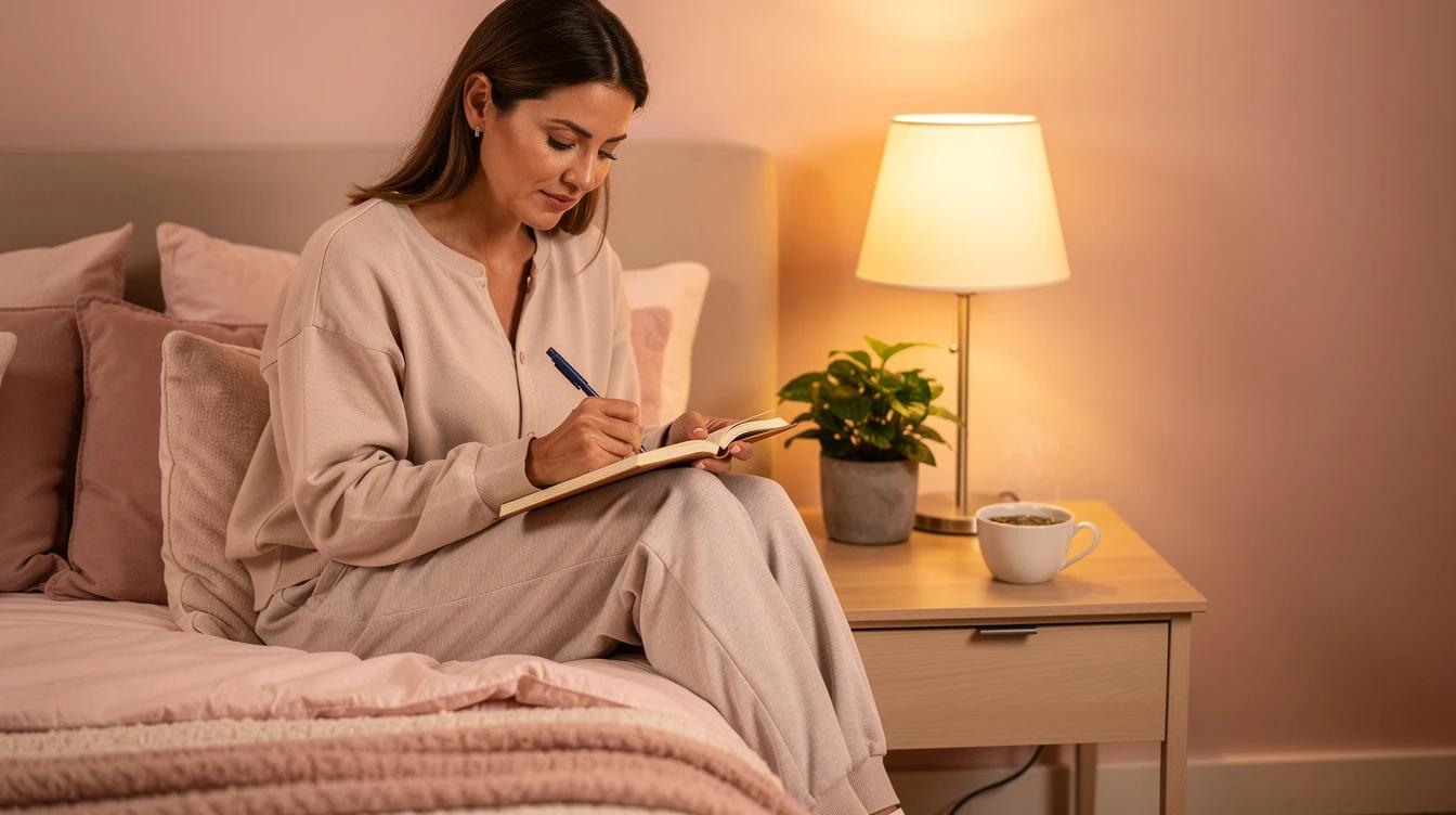 Woman over 40 journaling calmly at bedside with a cup of herbal tea in cozy warm lighting