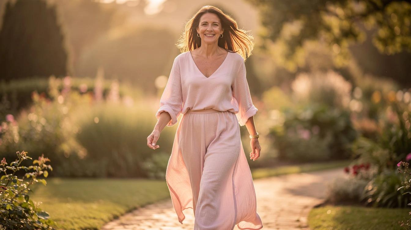 Confident woman in summer clothing walking outdoors in warm morning light