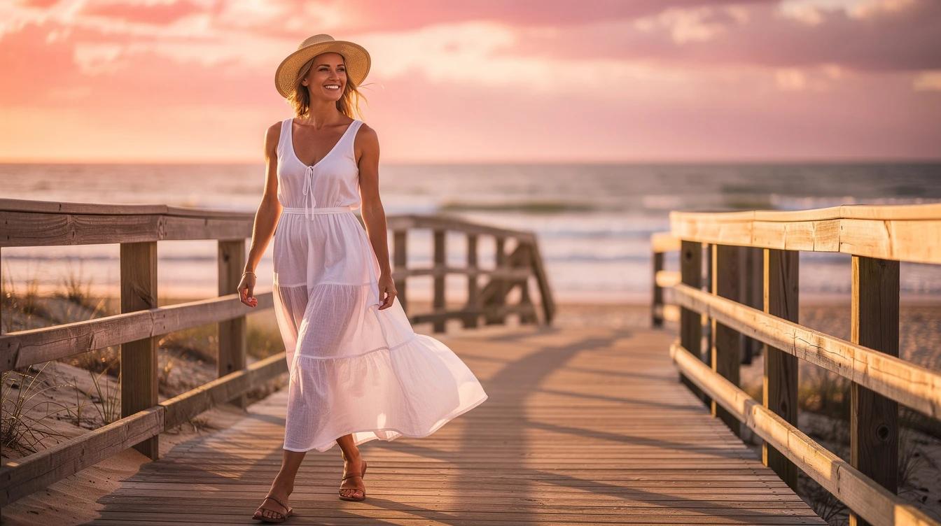 Confident woman in summer outfit walking along beach boardwalk