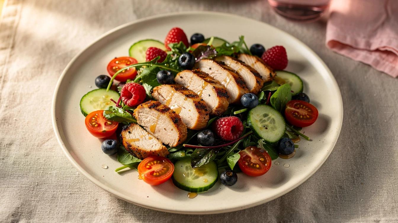 Colorful summer salad with grilled protein and fresh vegetables