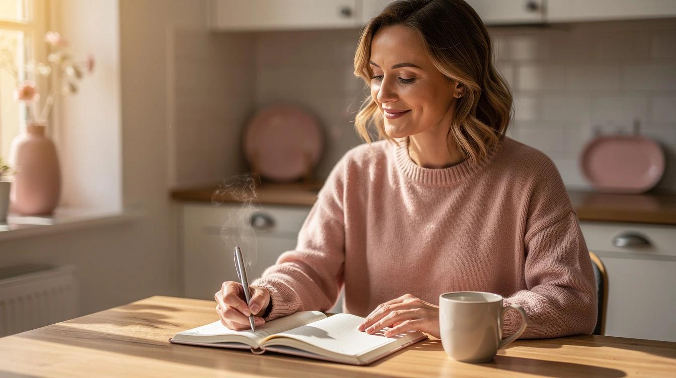 Confident woman in her late 30s planning her week at a sunlit kitchen table with a journal and coffee