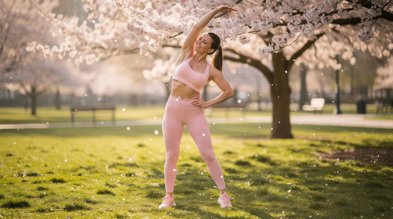Woman stretching outdoors in spring sunlight surrounded by blooming flowers