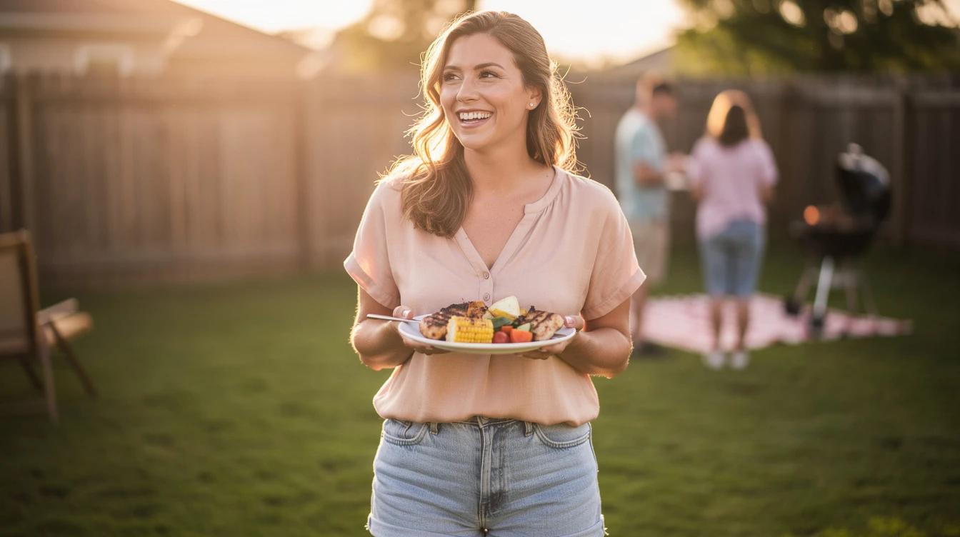 Confident woman smiling at an outdoor summer backyard barbecue with a modest plate of food