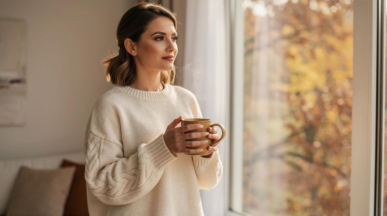 Woman in cozy sweater enjoying a warm drink by a window with autumn leaves outside