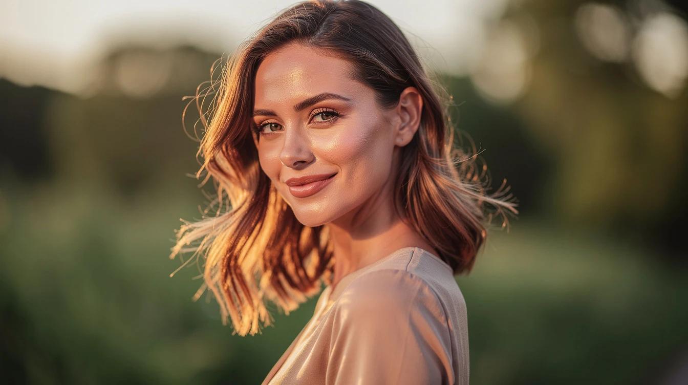 Radiant woman with glowing skin enjoying golden hour summer light outdoors
