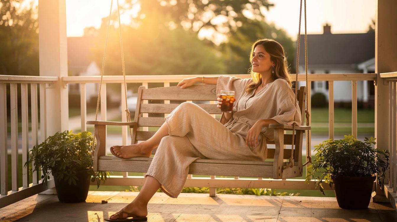 Young woman relaxing on a porch swing in the golden evening light with iced tea