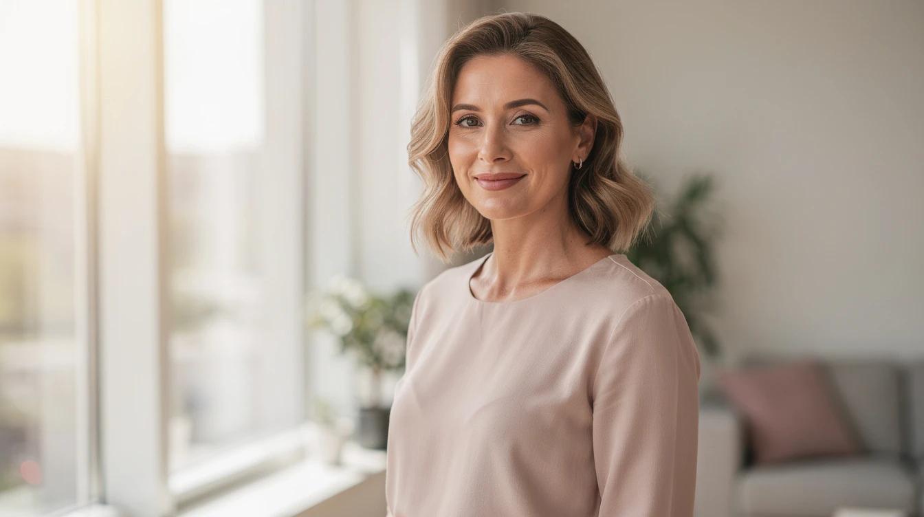Confident woman in her 40s standing near a bright window looking clear-headed and energized