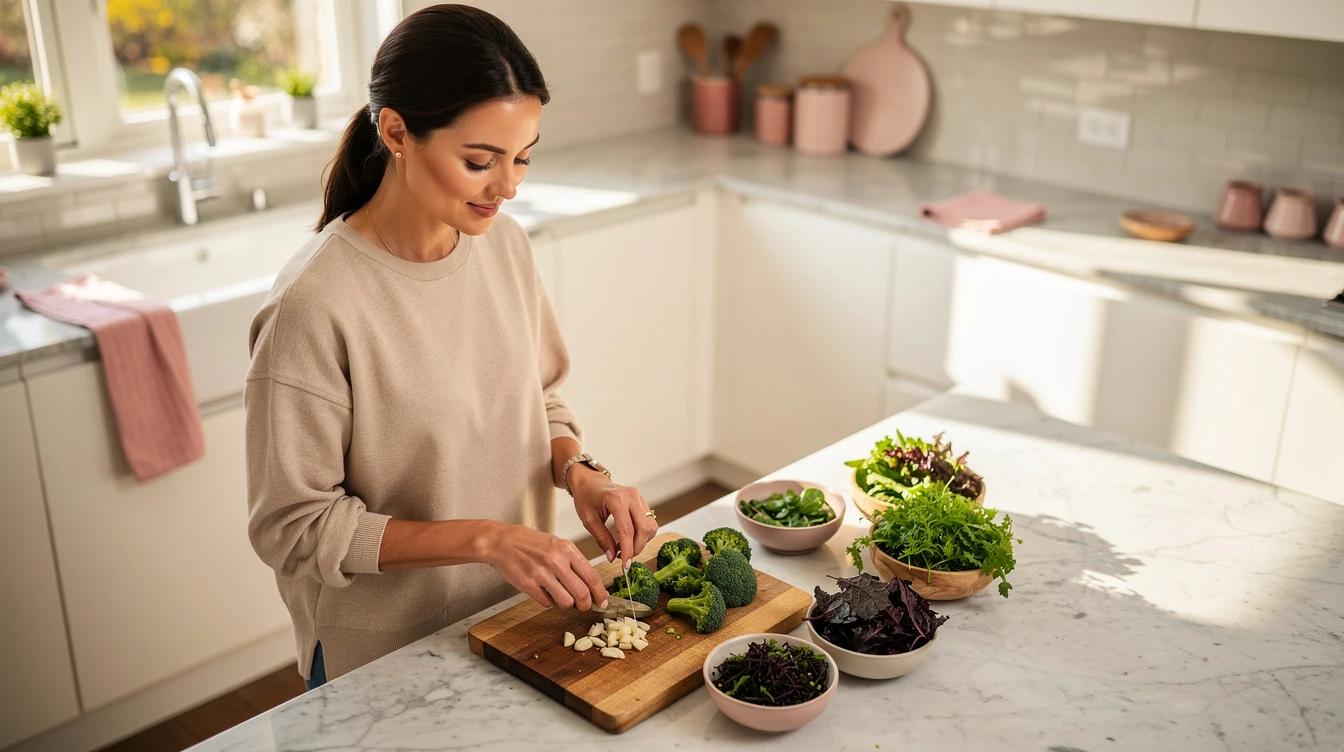 Woman preparing a nutrient-rich meal with fresh vegetables in a bright kitchen