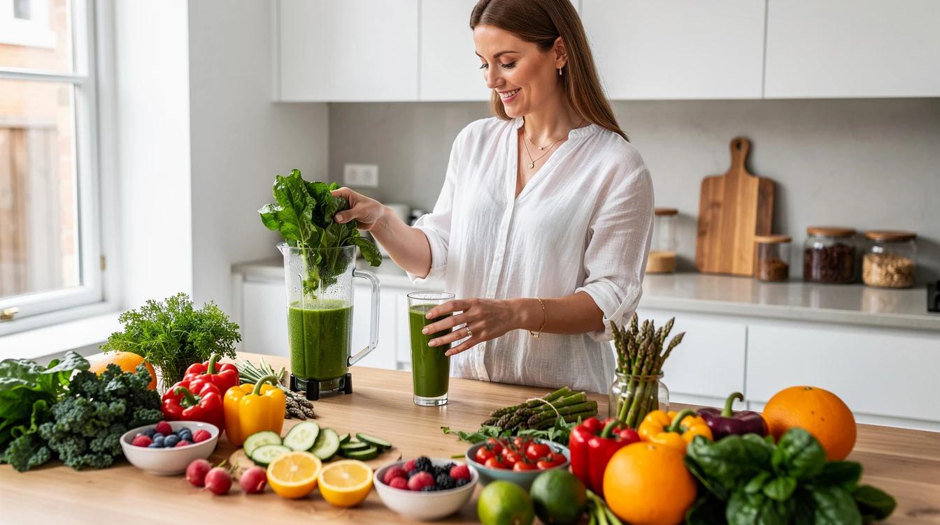 Woman preparing fresh spring vegetables and smoothie in bright kitchen