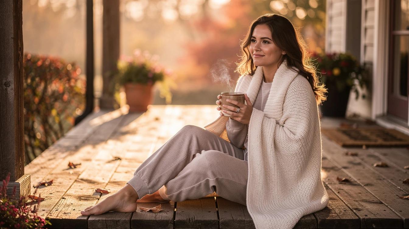 Young woman wrapped in a knit blanket on a porch with a mug of coffee in golden morning light