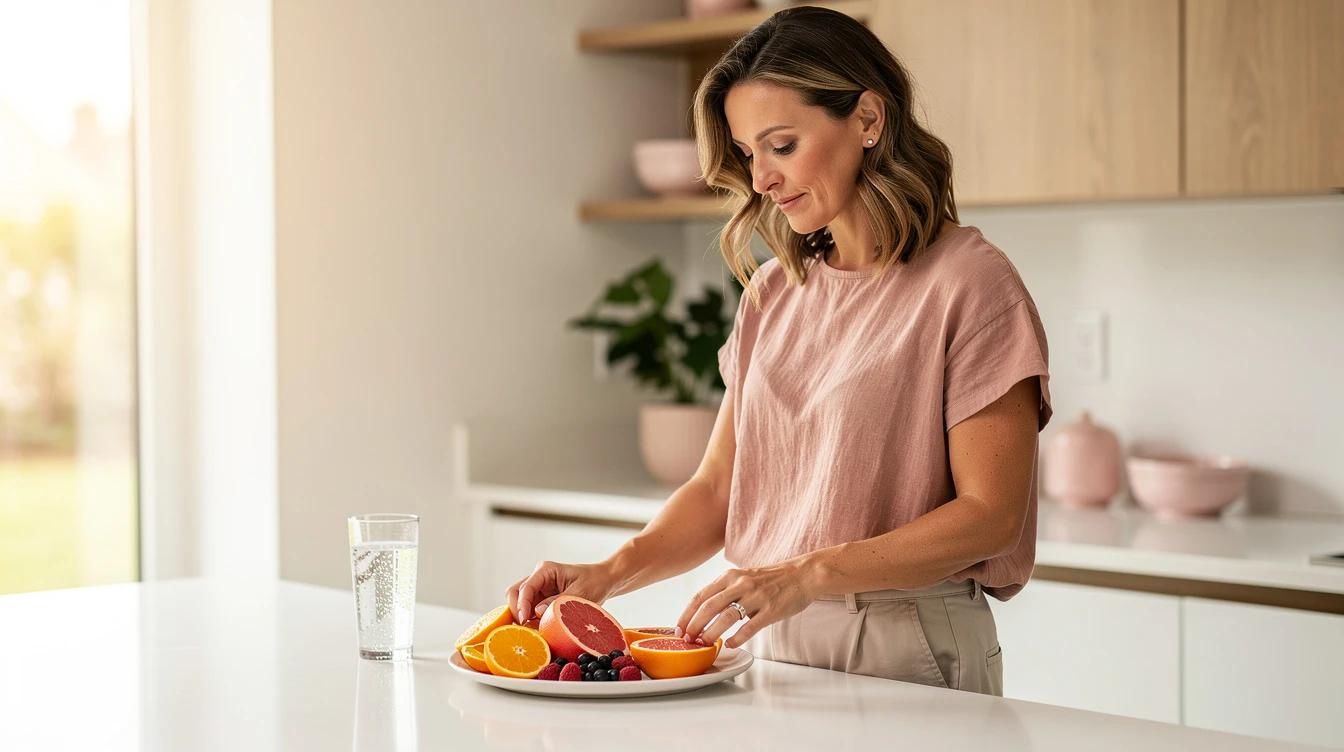 Woman in her late 30s preparing a wellness routine at a bright kitchen counter