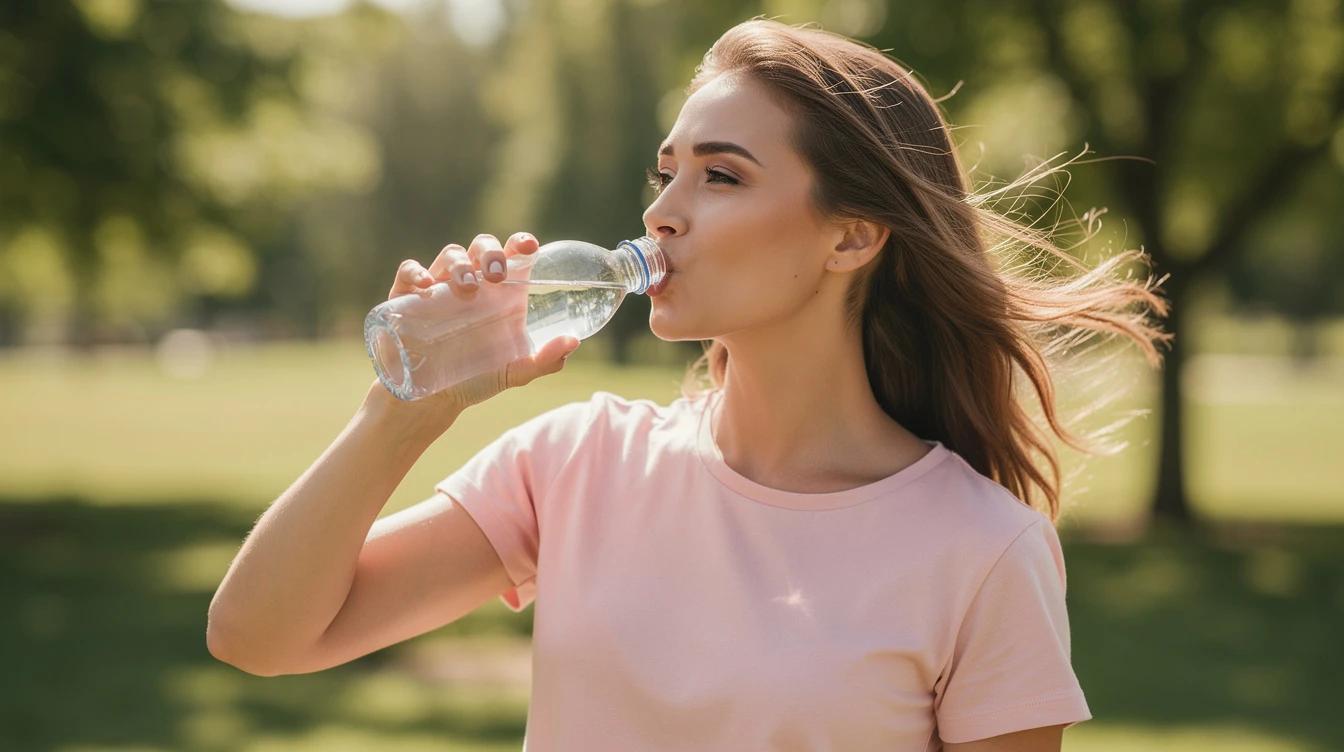 Confident woman drinking water outdoors on a sunny summer day