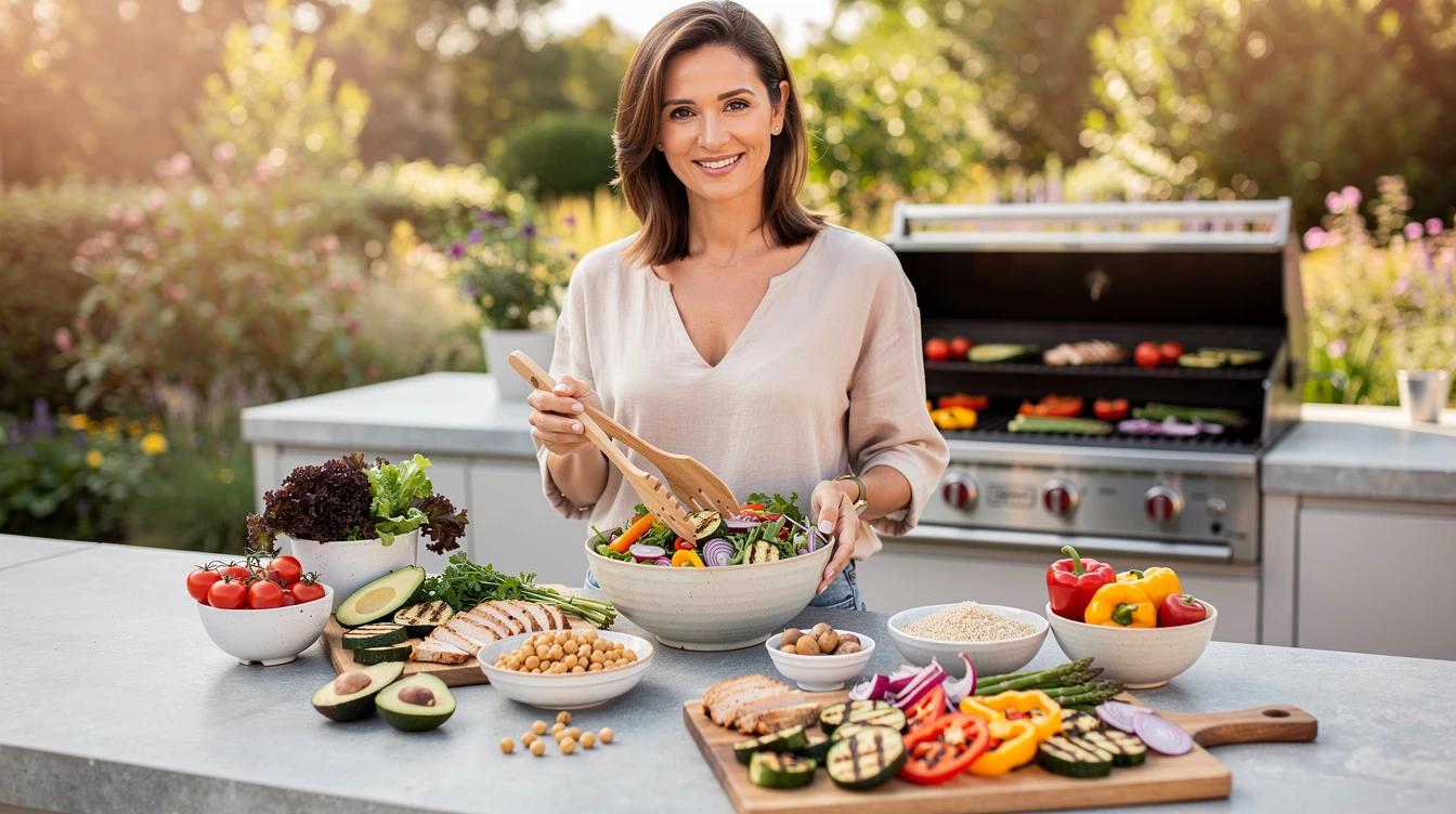 Woman preparing a colorful protein-forward salad and grilled vegetables at an outdoor summer kitchen