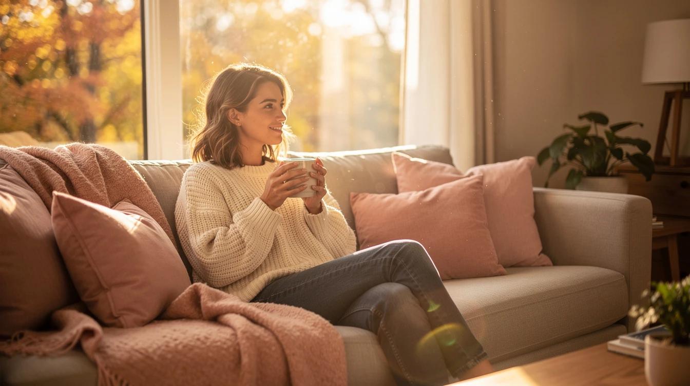 Young woman in a cozy sweater holding a coffee mug by a window with warm autumn light