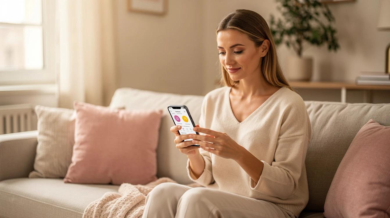 Confident woman reviewing a health tracking app in a bright, cozy home