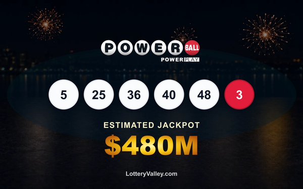 Powerball draw recap graphic showing the winning numbers and estimated jackpot of $480M.