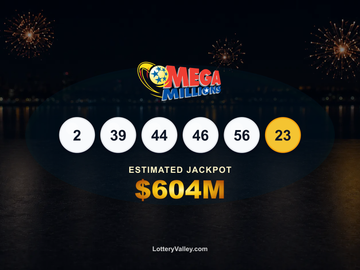 Mega Millions draw recap graphic showing the winning numbers and estimated jackpot of $604M.