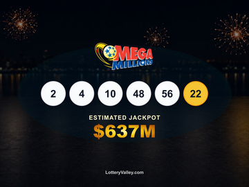 Mega Millions draw recap graphic showing the winning numbers and estimated jackpot of $637M.
