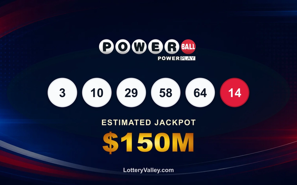 Powerball draw recap graphic showing the winning numbers and estimated next jackpot of $150M.
