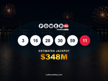 Powerball results graphic for the June 27, 2026 drawing showing winning numbers 3, 16, 28, 30, 59, Powerball 11, and an estimated $348 million jackpot.
