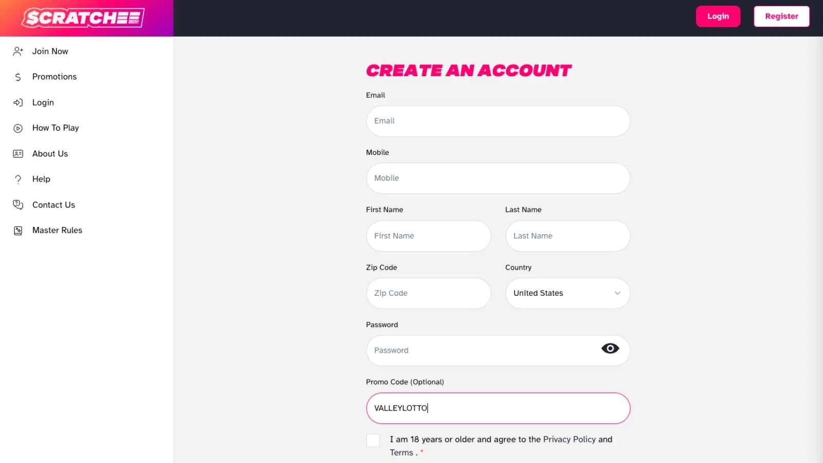 Scratchee signup page showing VALLEYLOTTO entered in the promo-code field