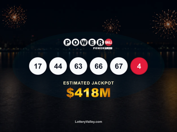 Powerball draw recap graphic showing the winning numbers and estimated jackpot of $418M.