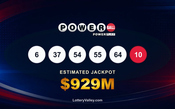 Powerball draw recap graphic showing the winning numbers and estimated next jackpot of $929M.