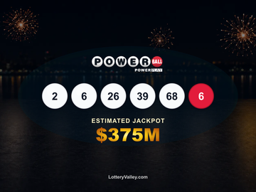Powerball draw recap graphic showing the winning numbers and estimated jackpot of $375M.