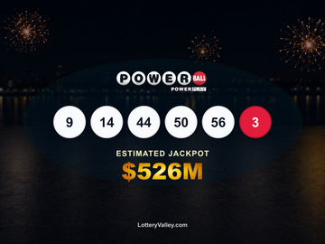 Powerball draw recap graphic showing the winning numbers and estimated jackpot of $526M.