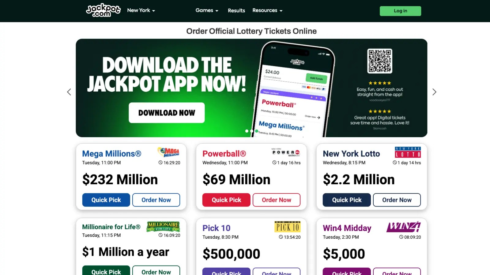 Jackpot.com game selection screen with lottery ordering options.