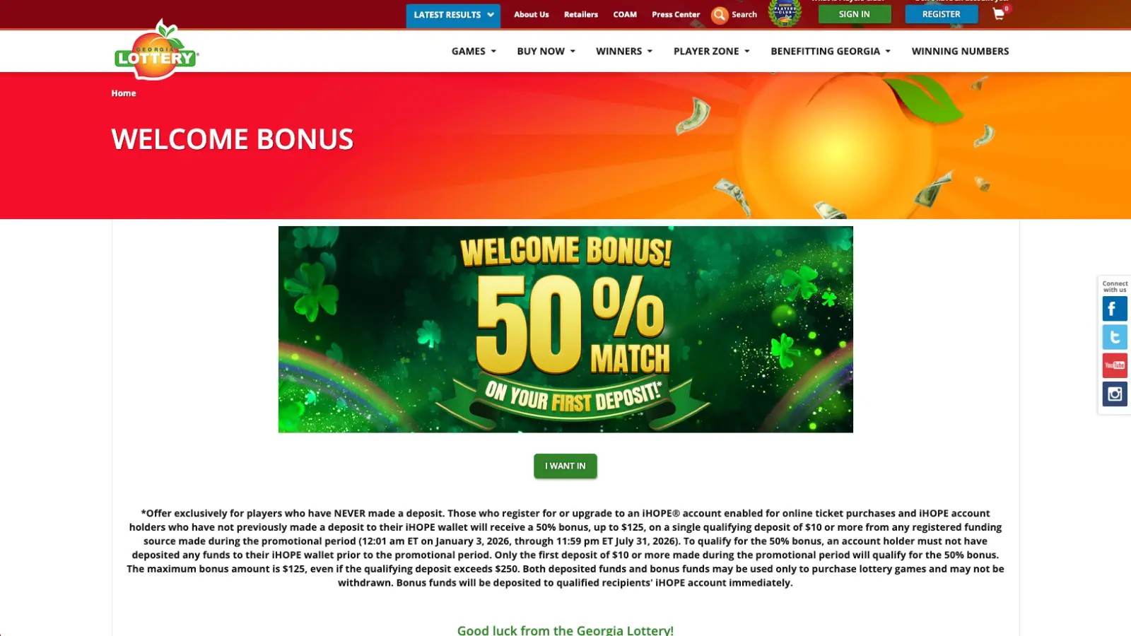 Screenshot of the Georgia Lottery welcome bonus page showing a 50% match on a first deposit