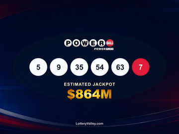 Powerball draw recap graphic showing the winning numbers and estimated next jackpot of $864M.