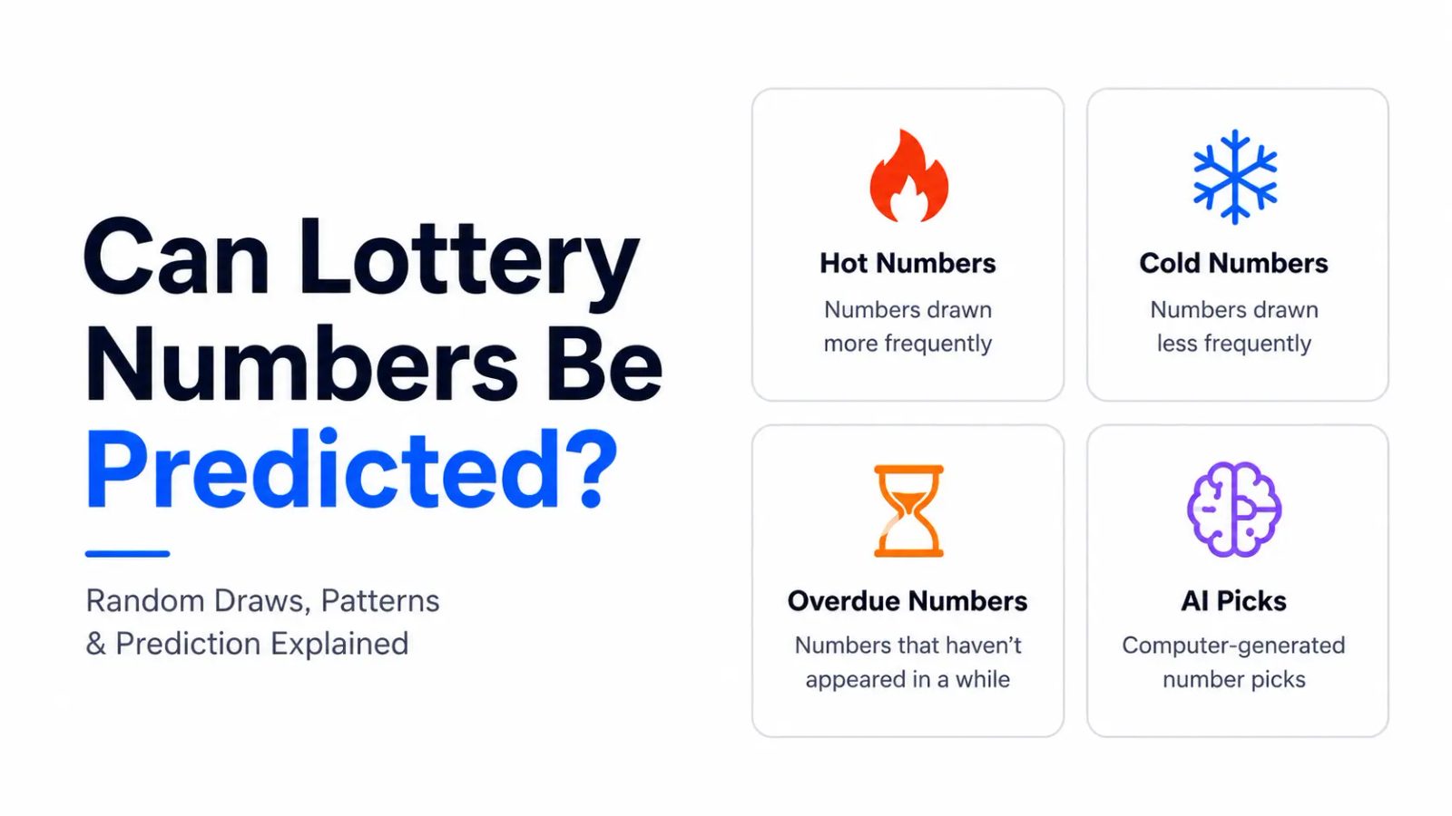 Flat illustration of a lottery machine with numbered balls, charts, AI pick label, and crossed-out prediction arrow about lottery prediction.
