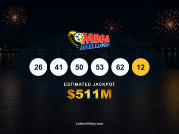 Mega Millions draw recap graphic showing the winning numbers and estimated jackpot of $511M.