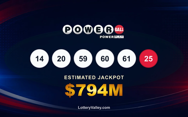 Powerball draw recap graphic showing the winning numbers and estimated next jackpot of $794M.