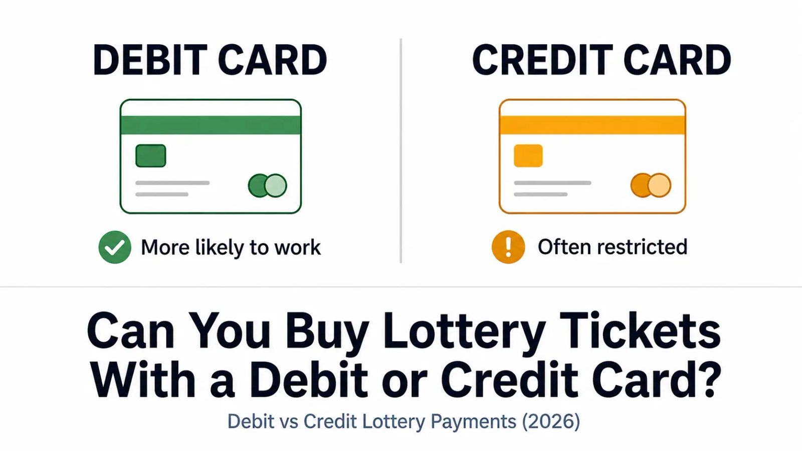 Debit vs credit card comparison infographic explaining whether you can buy lottery tickets with a debit card or credit card.