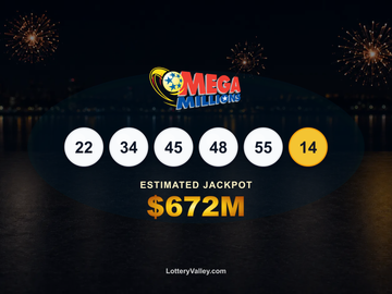 Mega Millions draw recap graphic showing the winning numbers and estimated jackpot of $672M.