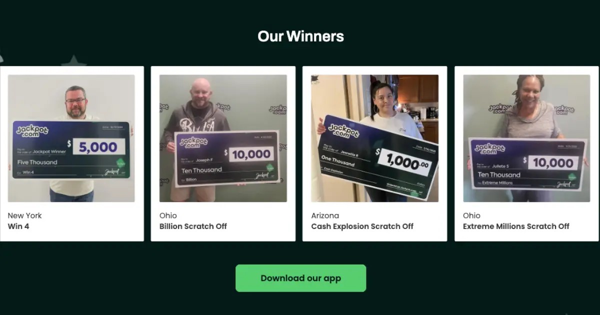 Jackpot.com homepage winner carousel showing lottery prize examples from multiple states